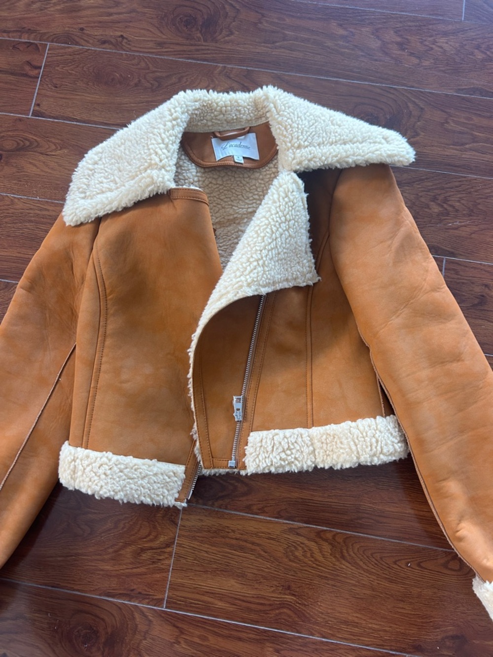 L'Academie Tan Faux Suede Shearling-Trim Jacket